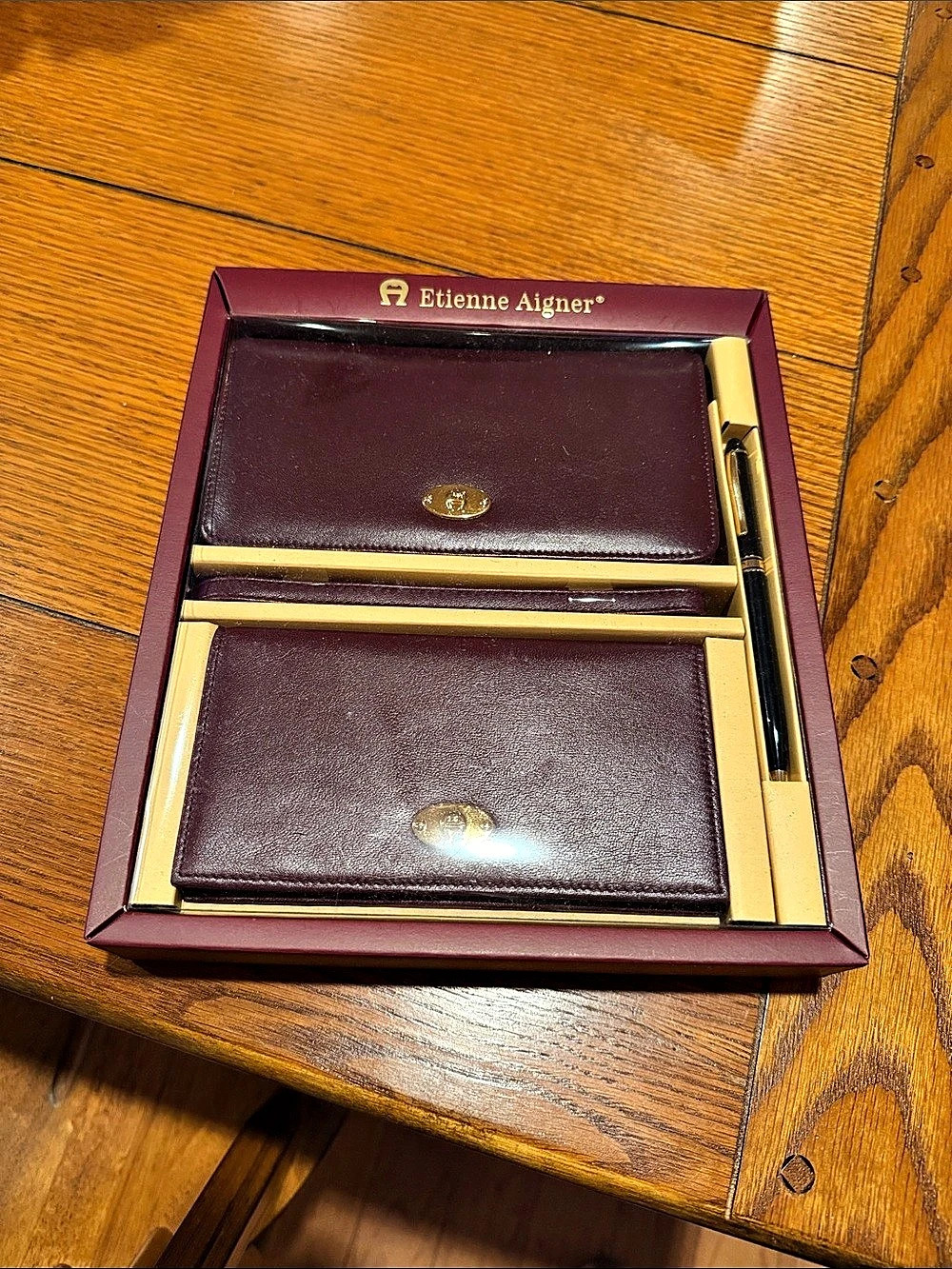 Etienne Aigner Leather Clutch Wallet Gift Set with Pen Burgundy